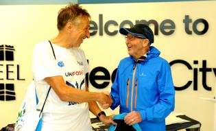 Receiving my age-cat prize from Ron Hill - City of Salford 10K, Sep 2017.